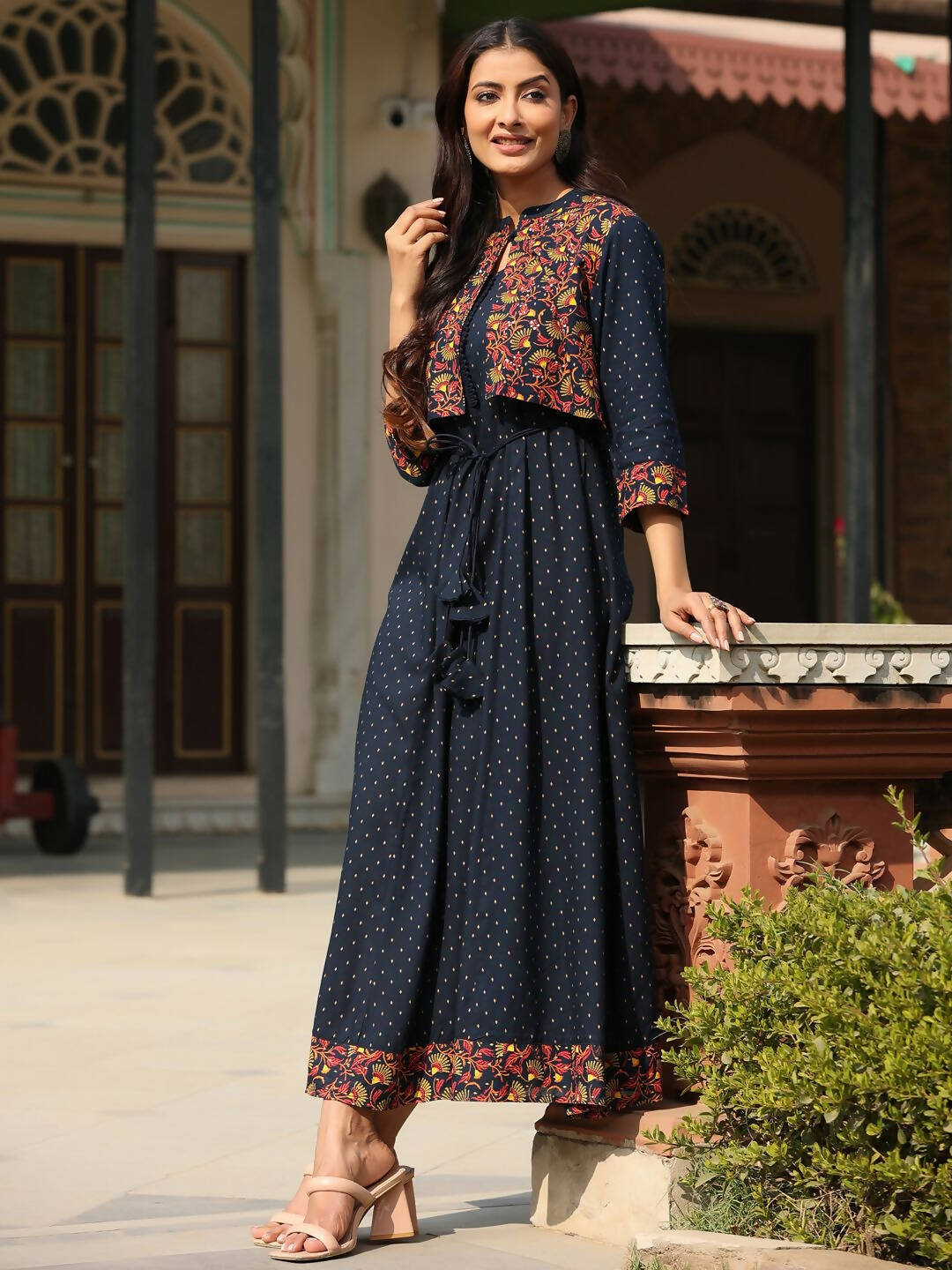 Juniper Women's Blue Rayon Festive Printed Flared Dress | Swadesiicart