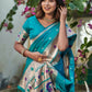Vishnu Weaves Women's Firozi Banarasi Silk Zari Woven Paithani Saree with Unstitched Blouse - Swadesiicart