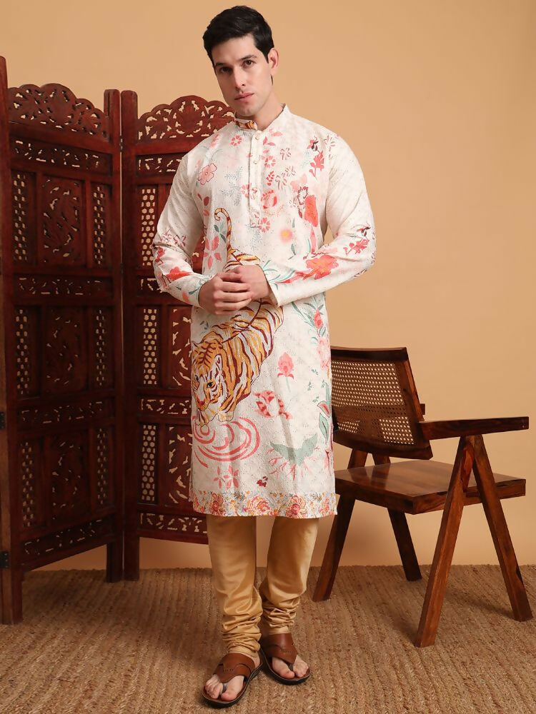 Off White Cotton Printed Chikankari Embroidery Work Kurta - Mahotsav | Swadesiicart