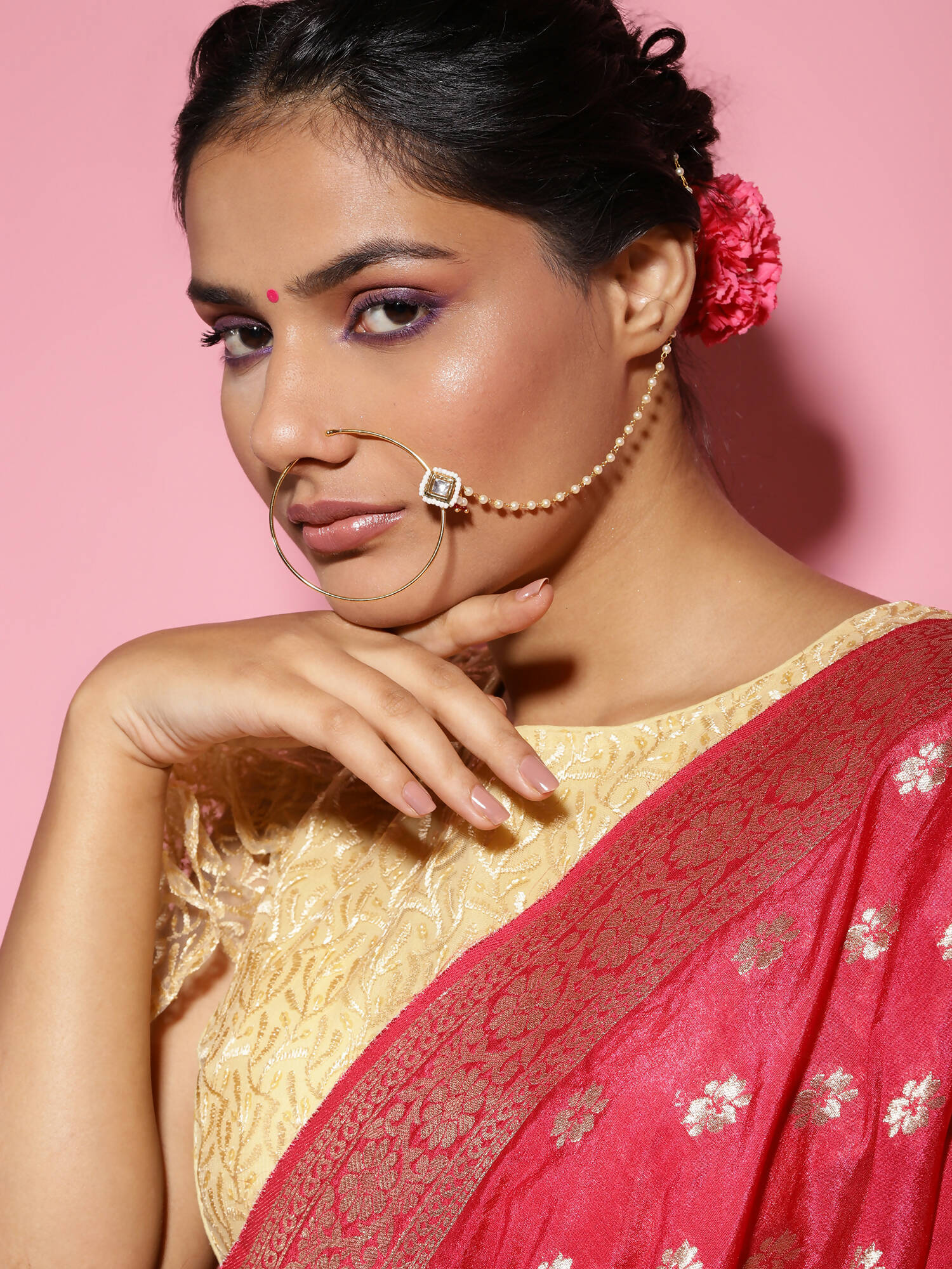 White Gold-Polished Kundan Studded Beaded Nosepin - Ruby Raang | Swadesiicart