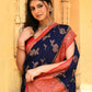 Joban Fashion Navy Blue Crepe Chiffon Pure Handloom Banarasi Silk Saree | Swadesiicart