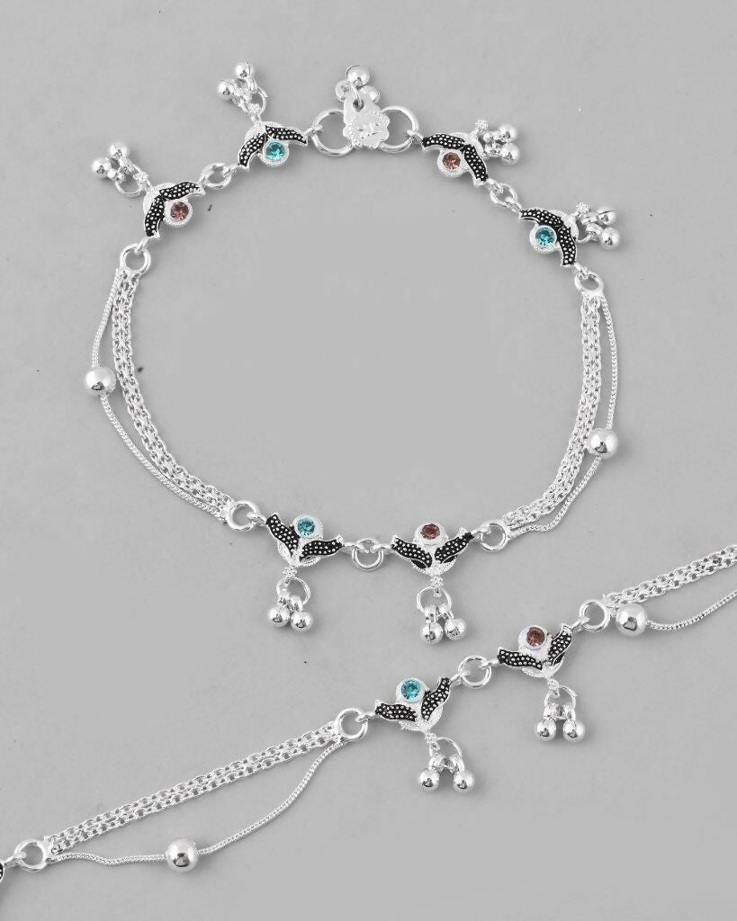 VOJ Set of 2 Designer Mutli Color Stone Studded Anklet - Swadesiicart