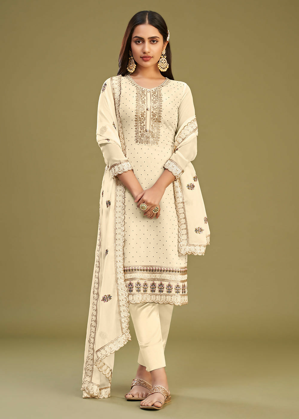 Off White Swarovski Work & Embroidered Eid Wear Salwar Suit - Emponline | Swadesiicart