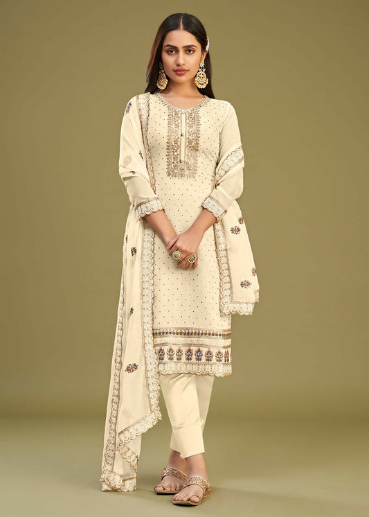 Off White Swarovski Work & Embroidered Eid Wear Salwar Suit - Emponline | Swadesiicart