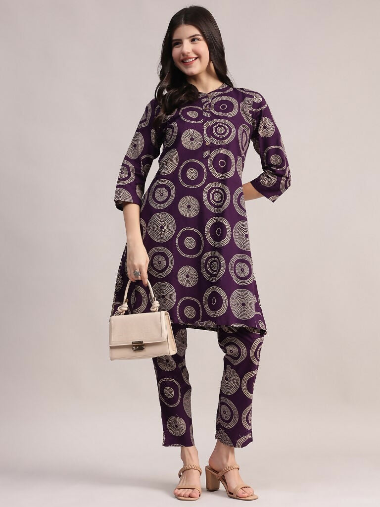 Aavyora Women's Purple Abstract Printed Pure Cotton Co-ord Set - Swadesiicart