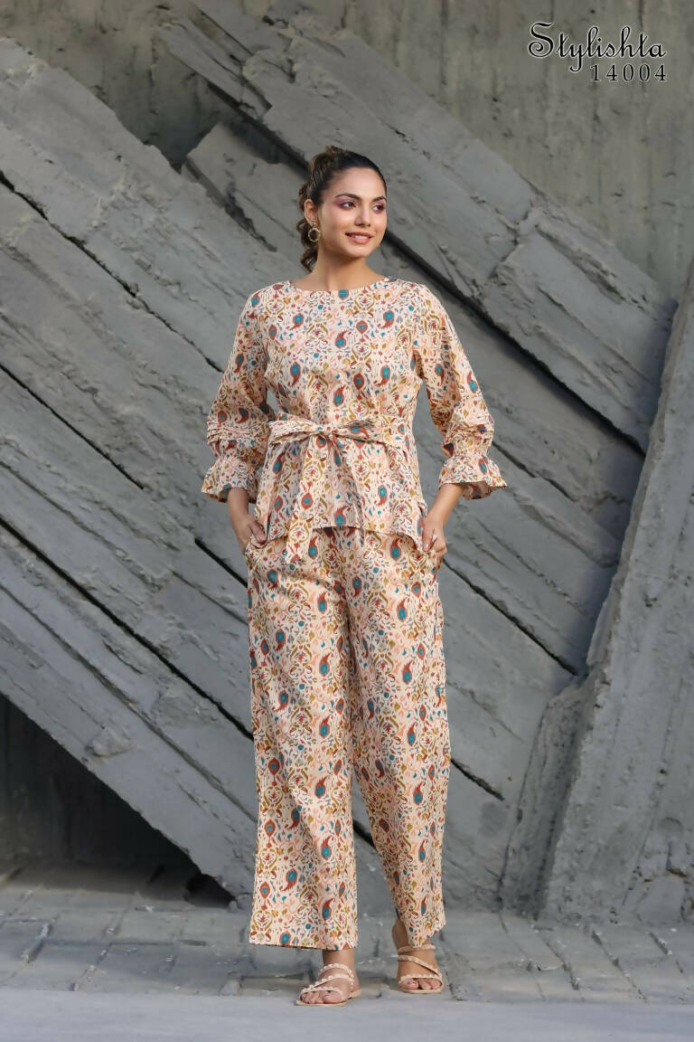 Women's Partywear Designer Cream & Multi Muslin co-ord set - Stylishta - Swadesiicart