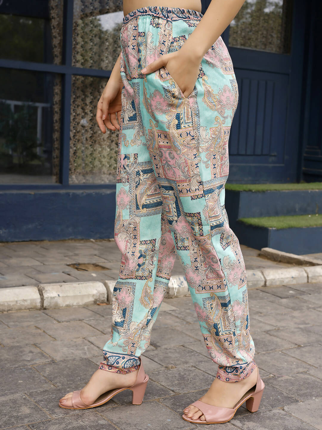 Pink & Blue Rayon Paisley Printed Top with Matching Bottom - Eesha - Swadesiicart