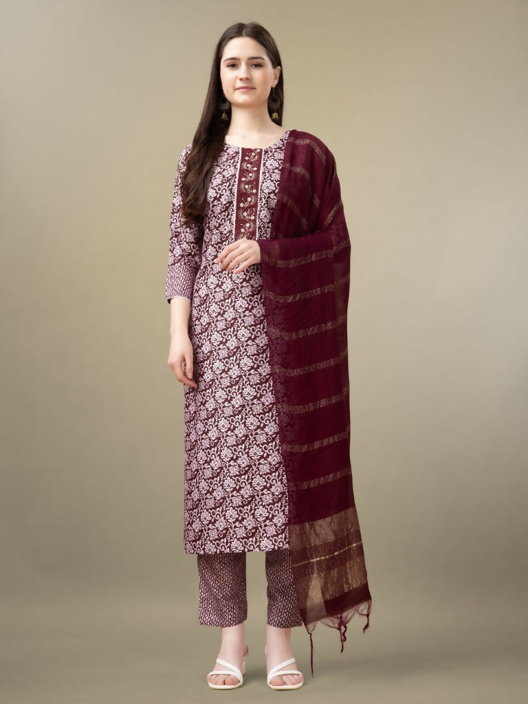 Jyoti Fashion Women's Maroon Rayon Embroidery & Sequence work Kurta with Trouser & Dupatta | Swadesiicart
