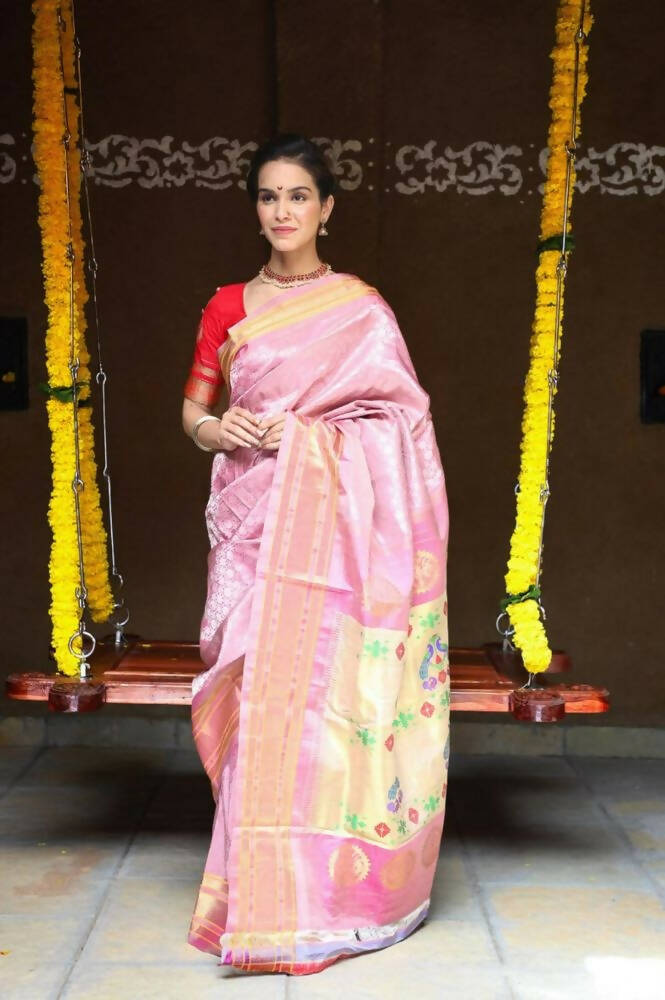Very Much Indian Silk Handloom Maharani Paithani In Rich Pearl Pink With Silver Zari Brocade | Swadesiicart