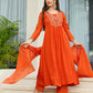 The52 Orange Women's Gorgeous Embroidered Chinon Fabric Flared Kurta Pant and Dupatta Set - Swadesiicart
