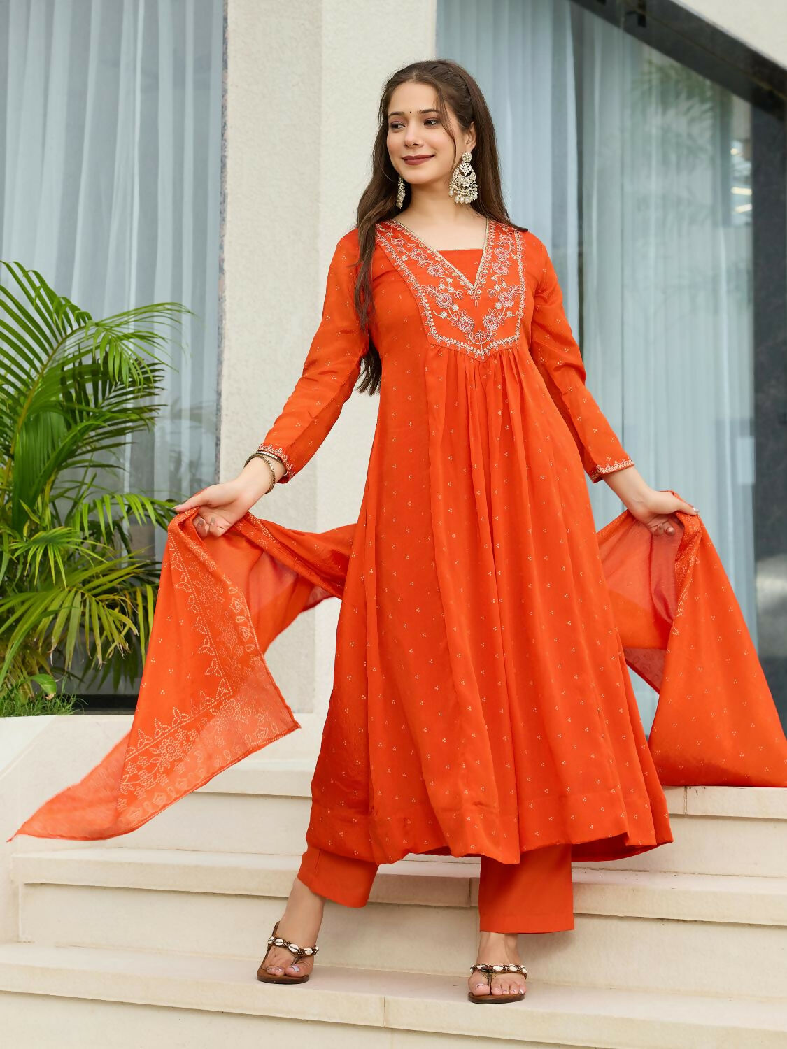 The52 Orange Women's Gorgeous Embroidered Chinon Fabric Flared Kurta Pant and Dupatta Set - Swadesiicart