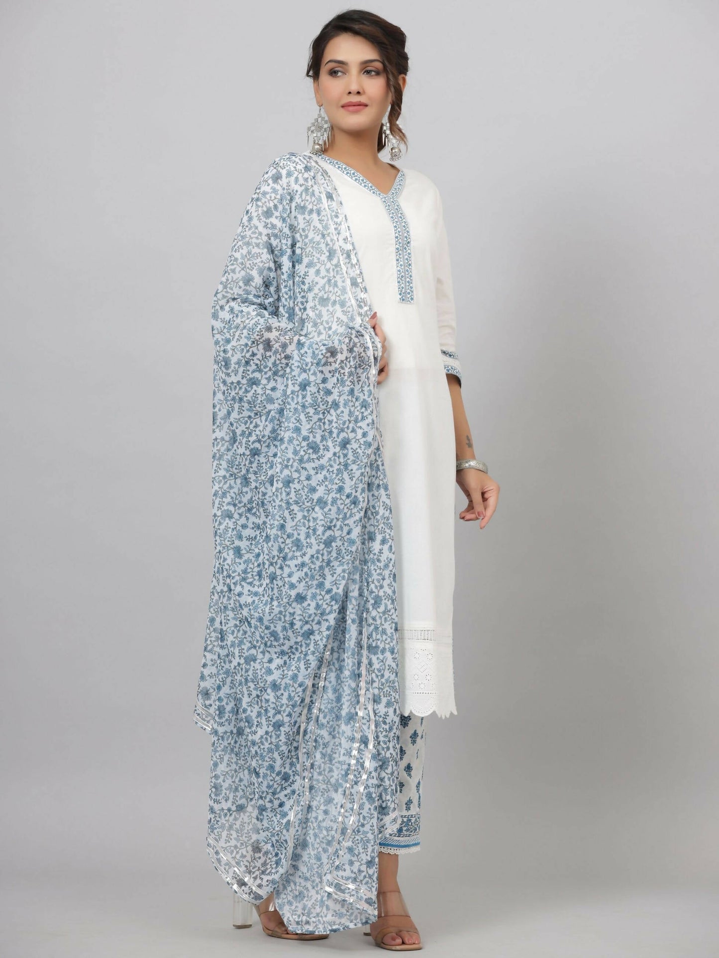 Juniper Women's White Cotton Cambric Solid Kurta Floral Printed Pant & Dupatta Set | Swadesiicart
