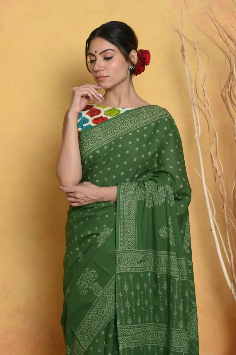 Very Much Indian Handblock Printed Cotton Saree With Natural Dyes - Green | Swadesiicart