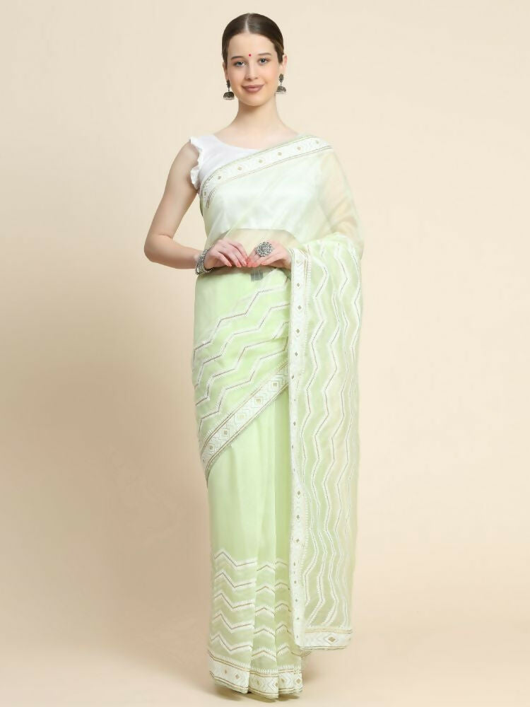 Vamsee Banno Lehriya Pista Green Organza Saree - Swadesiicart