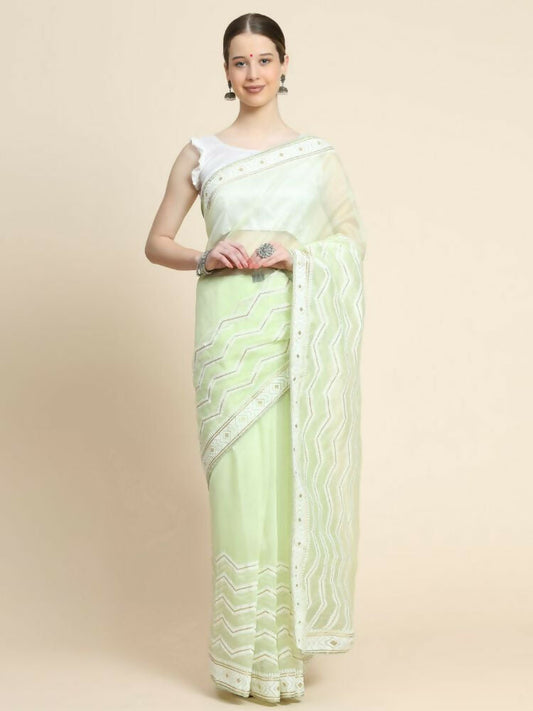 Vamsee Banno Lehriya Pista Green Organza Saree - Swadesiicart