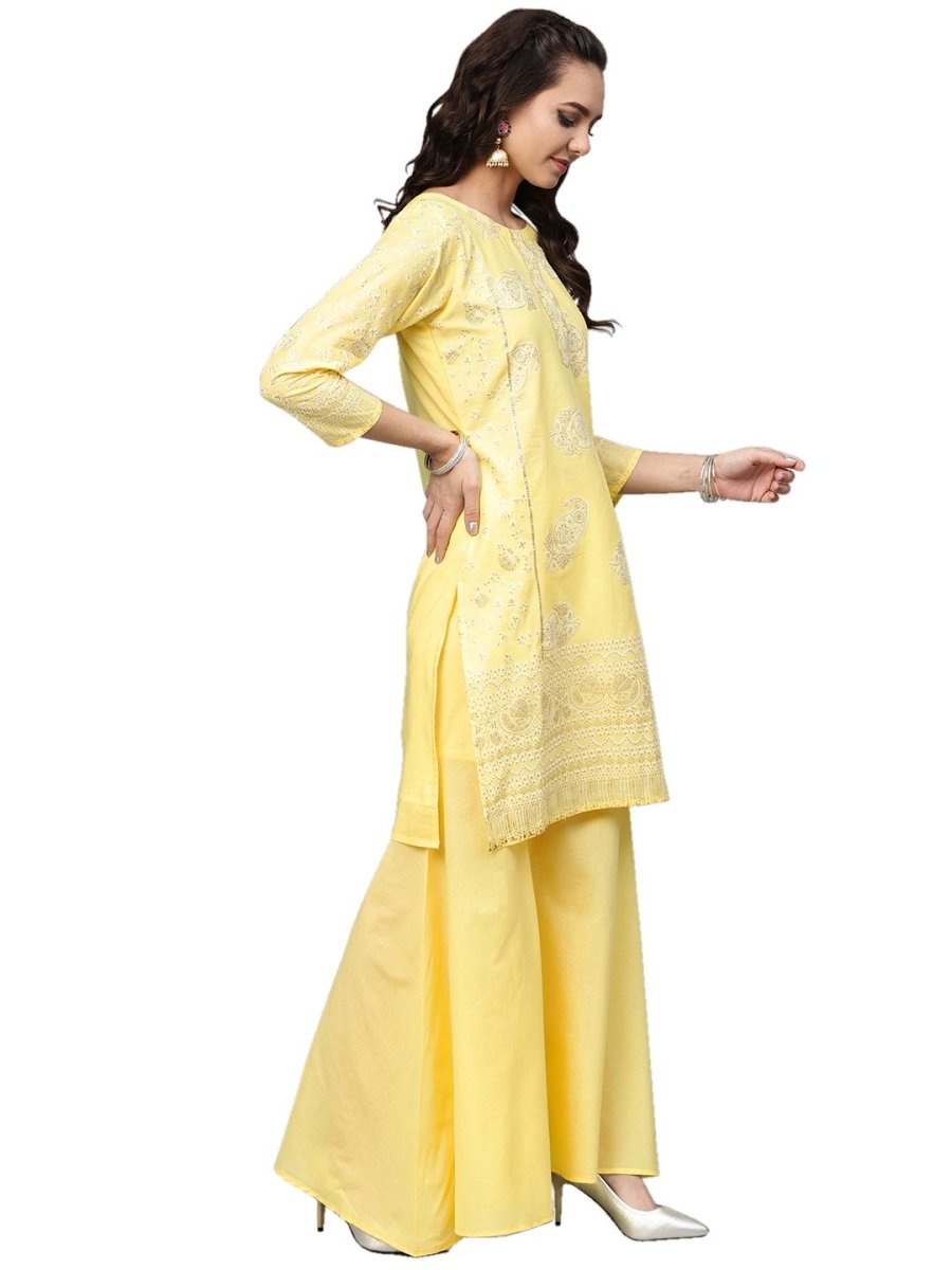Ahalyaa Women's Cotton Blend Yellow Glitter Print Kurta Sharara Set With Dupatta | Swadesiicart