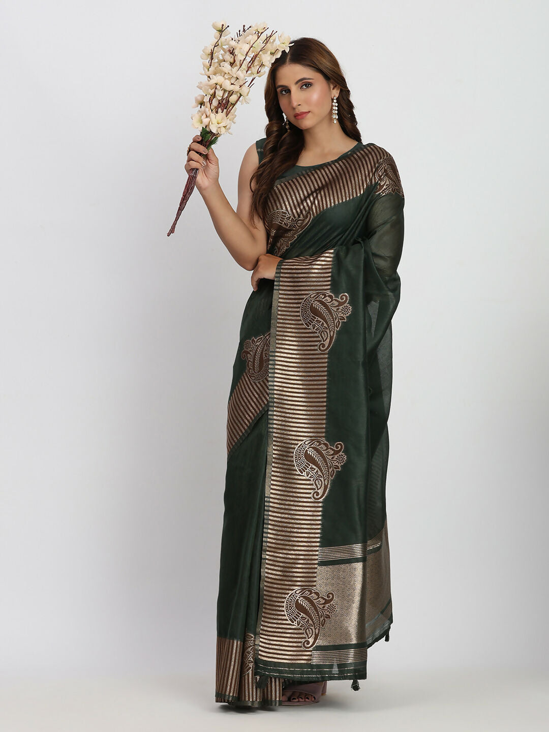 Shree Shyam Fashion Linen Cotton Dark Green Saree