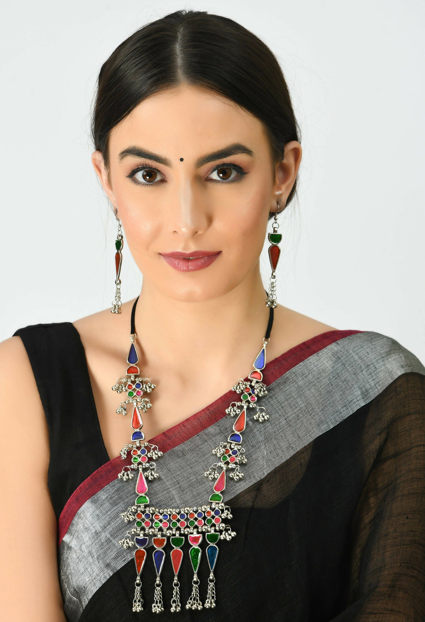 Mominos Fashion Johar Kamal Oxidised Silver-Plated Meenakari Multi Long Necklace Set For Women - Swadesiicart