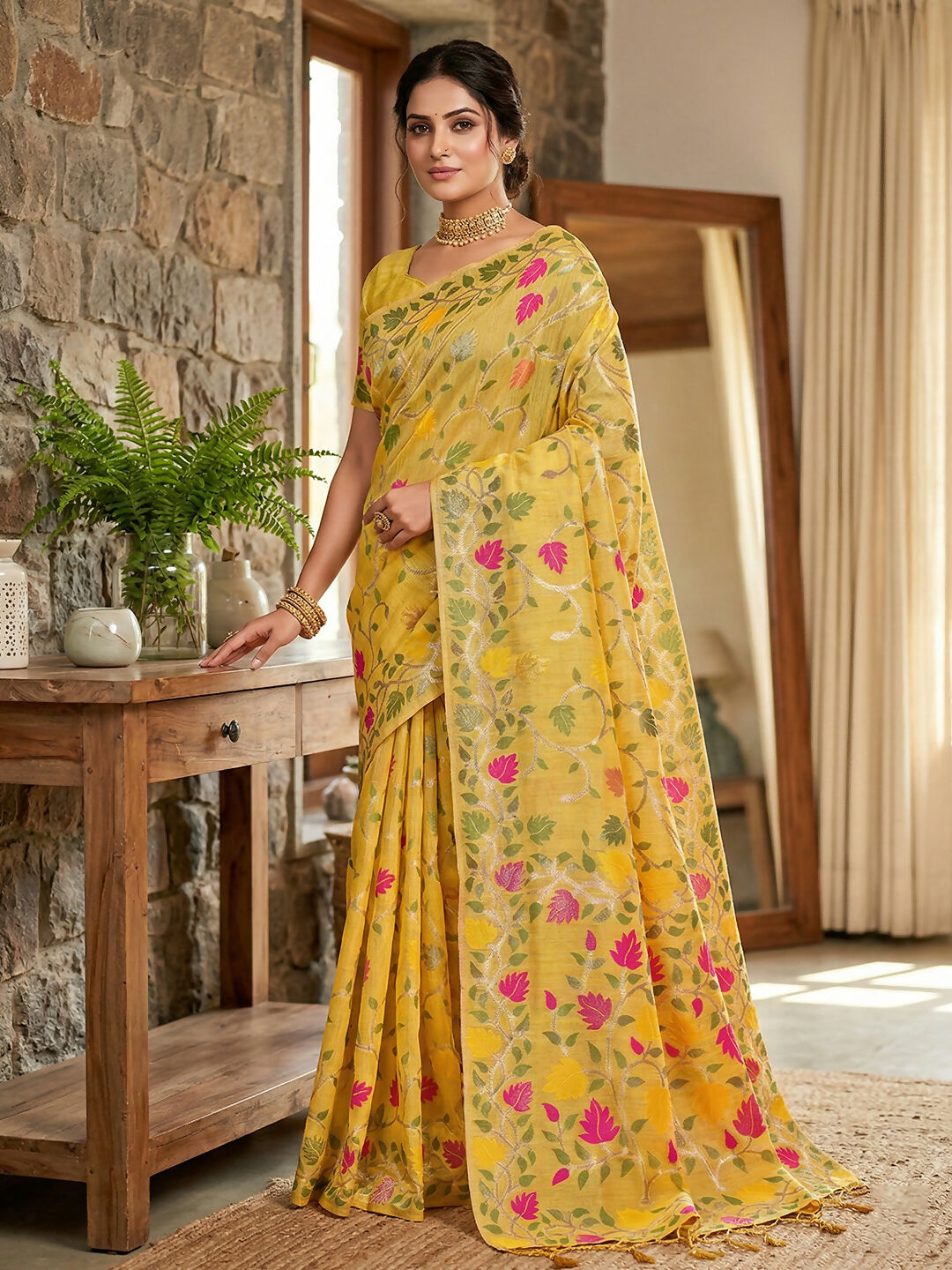 Shree Shyam Fashion Yellow Linen Cotton Saree