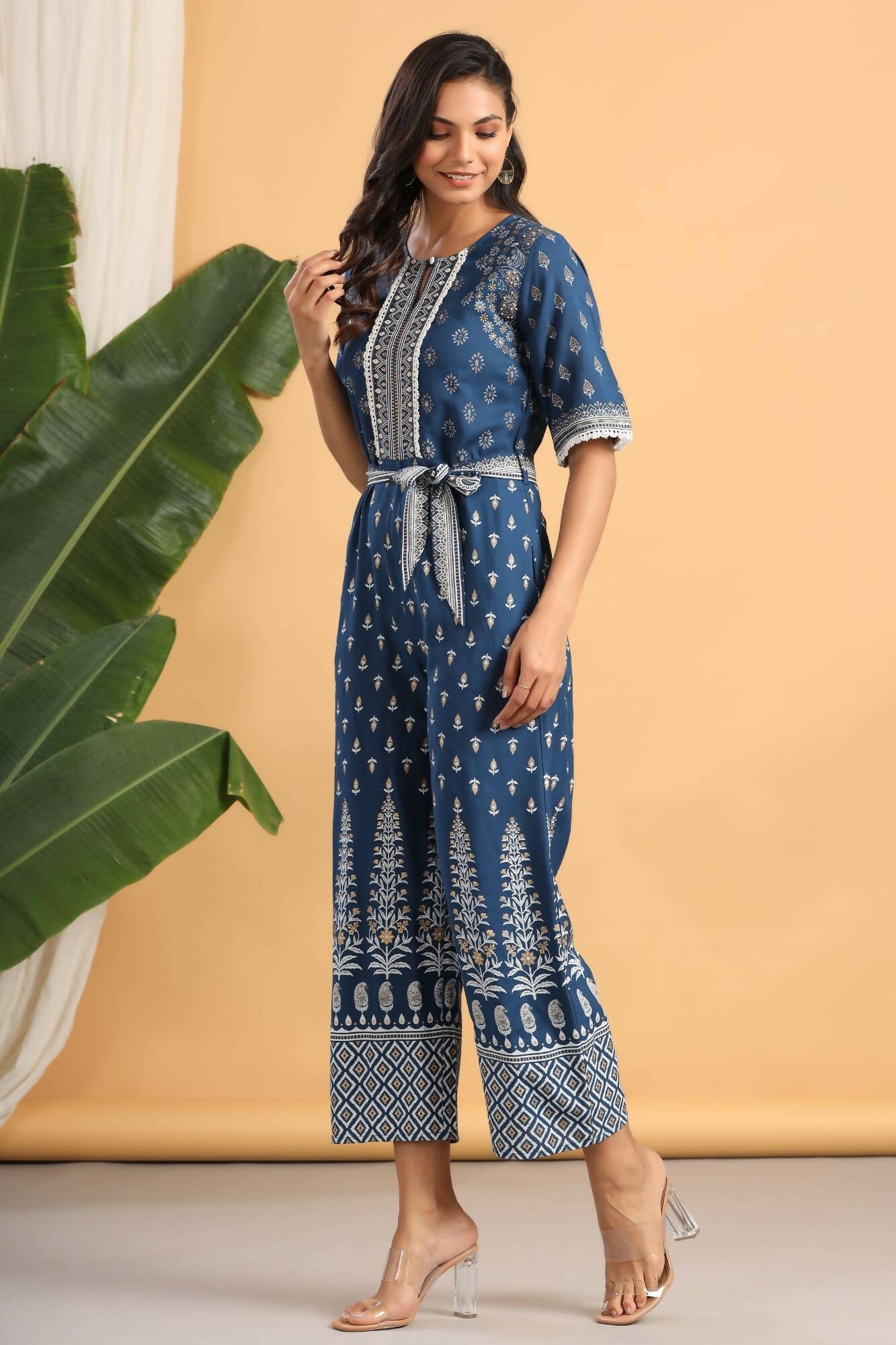 Juniper Women Indigo Rayon Printed Straight Jumpsuit - Swadesiicart
