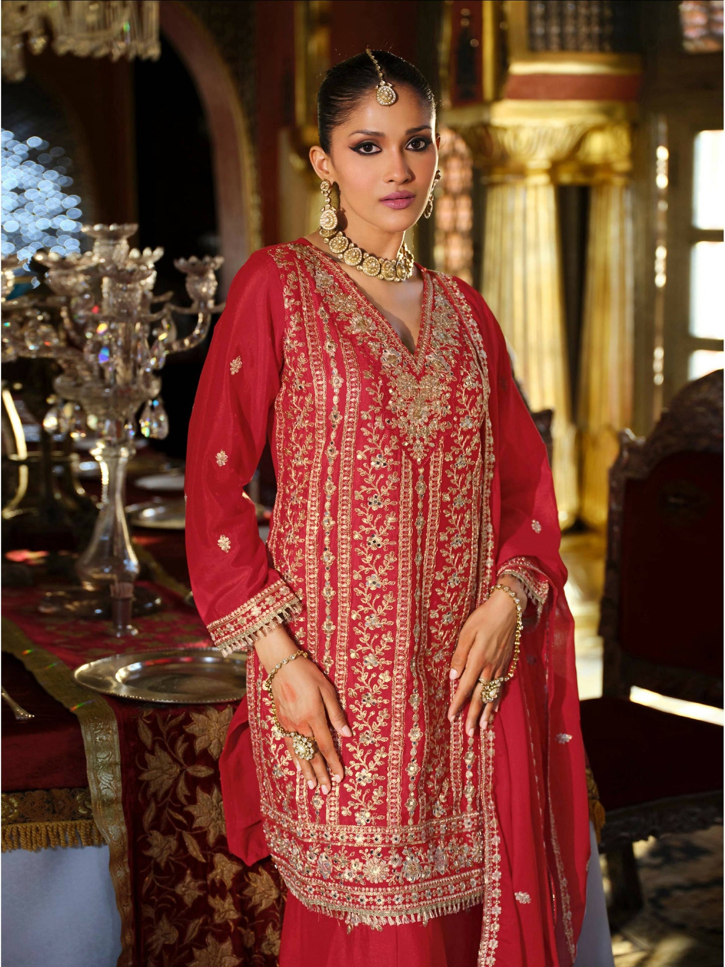 Anaita Red Heavy Chinon Readymade Palazzo Suit with Heavy Embroidery Work