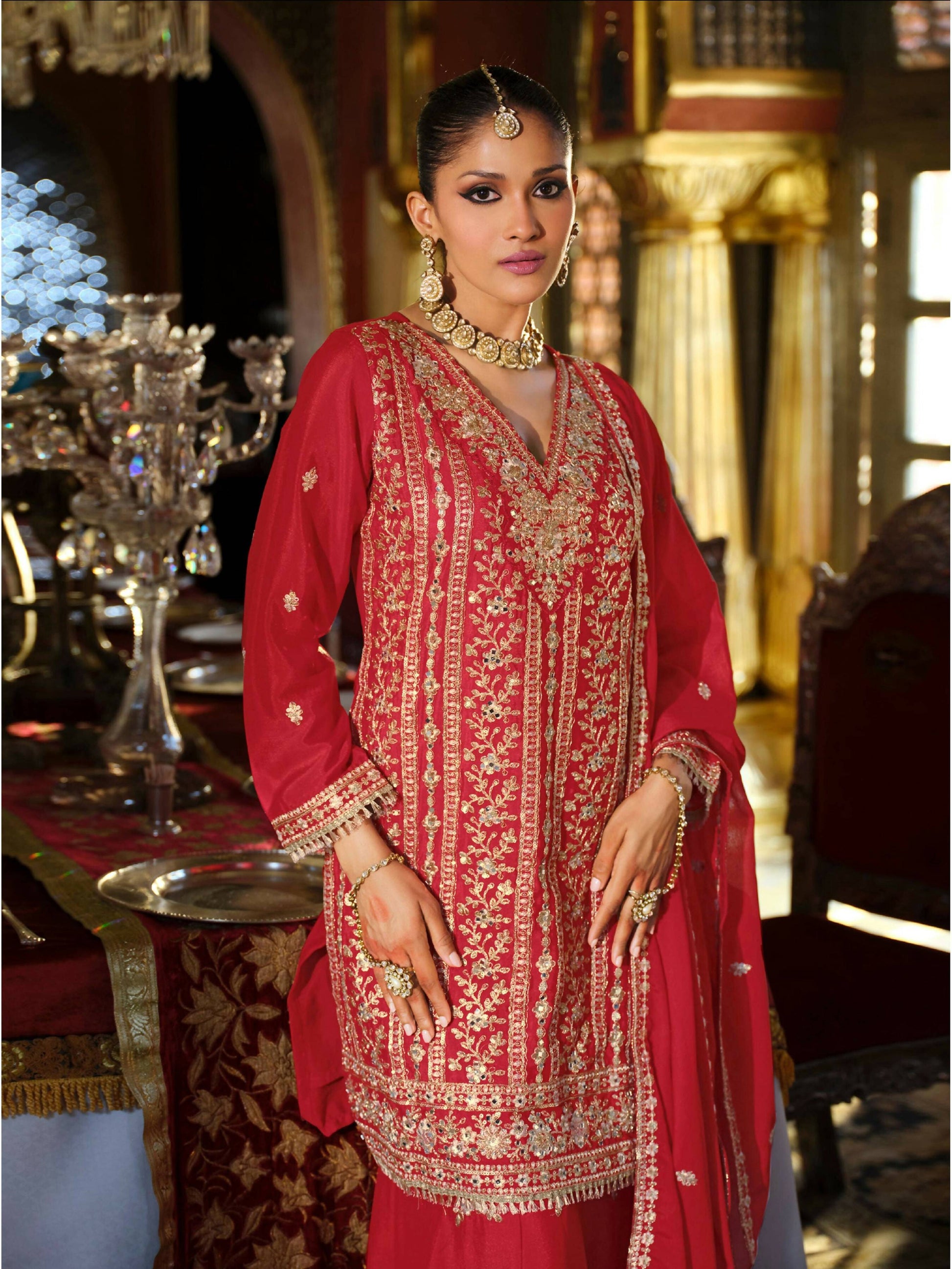 Anaita Red Heavy Chinon Readymade Palazzo Suit with Heavy Embroidery Work