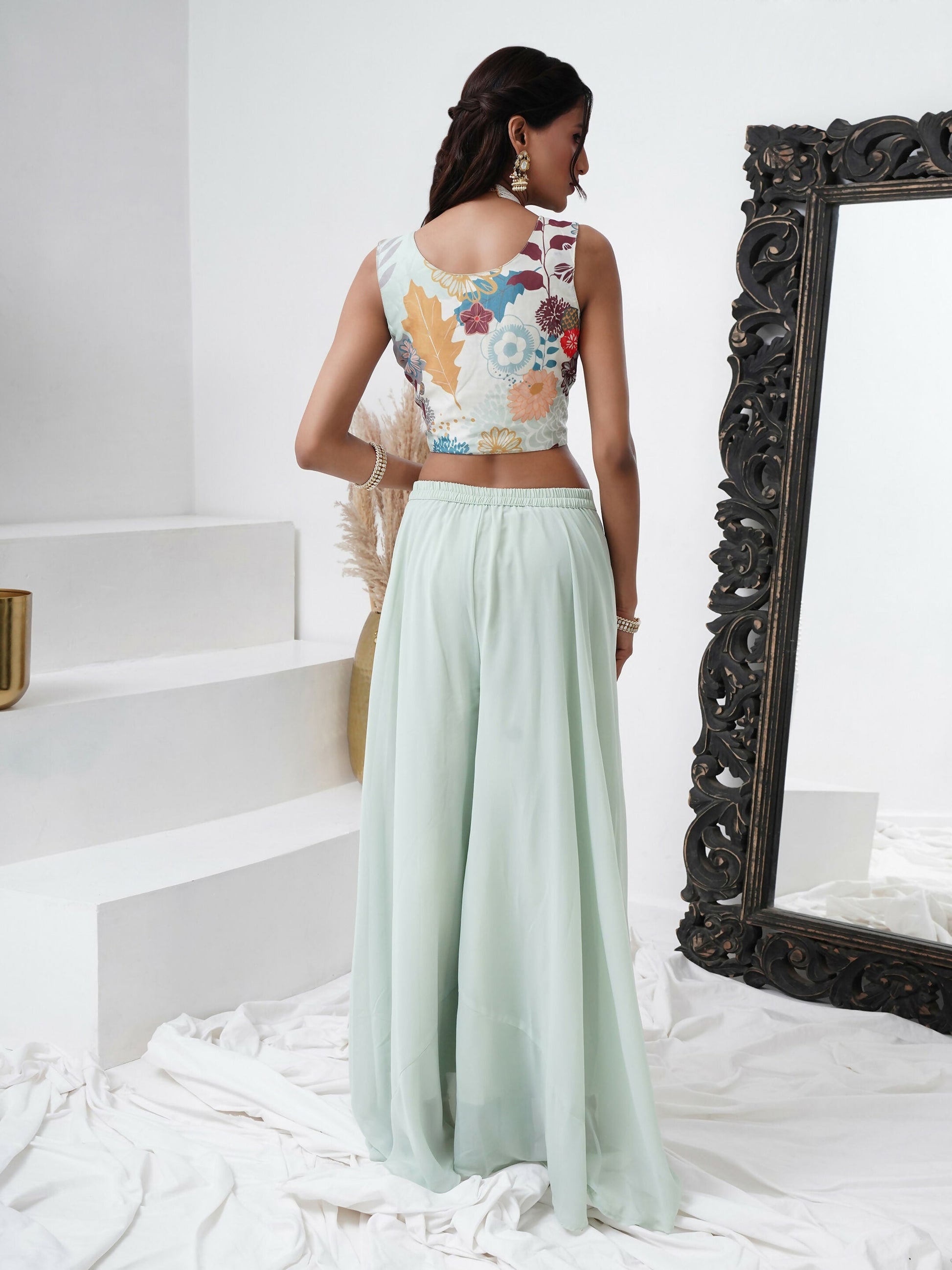 Sea Green Digital Chinon Handwork Top with Palazzo & Shrug - Naomika - Swadesiicart