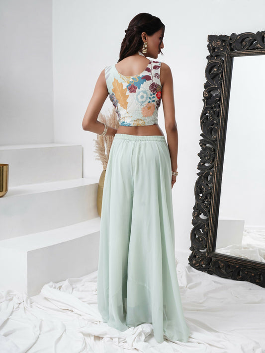 Sea Green Digital Chinon Handwork Top with Palazzo & Shrug - Naomika - Swadesiicart