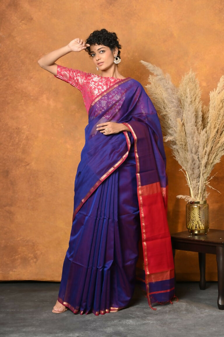 Very Much Indian Handloom Pure Cotton Silk Saree With Sleek Golden Border - Indigo Blue | Swadesiicart