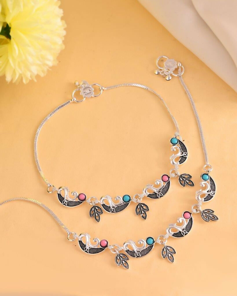 VOJ Set of 2 Silver Plated Stainless Steel Multi Color Anklet - Swadesiicart