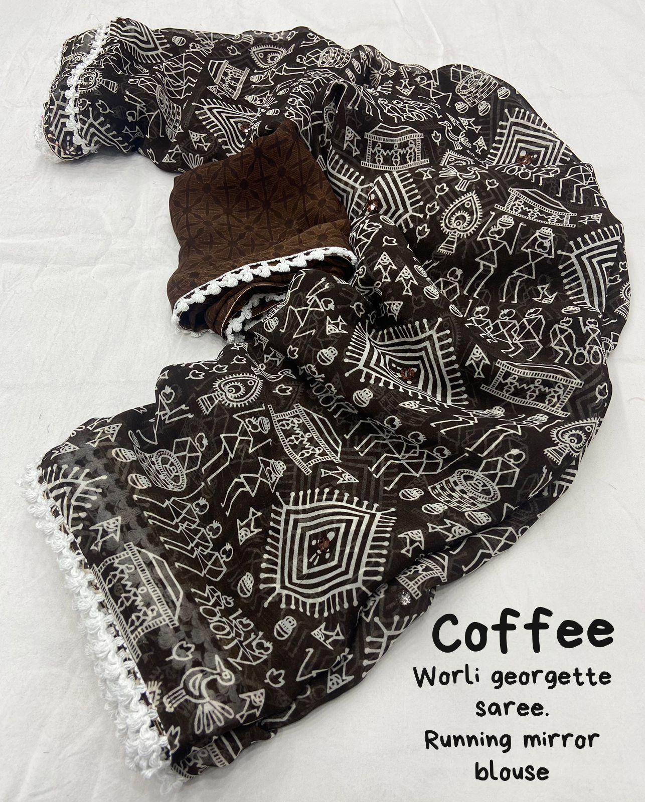 Coffee Poly Georgette Ethnic Motifs Saree with Unstitched Blouse - Hiral Fashion | Swadesiicart