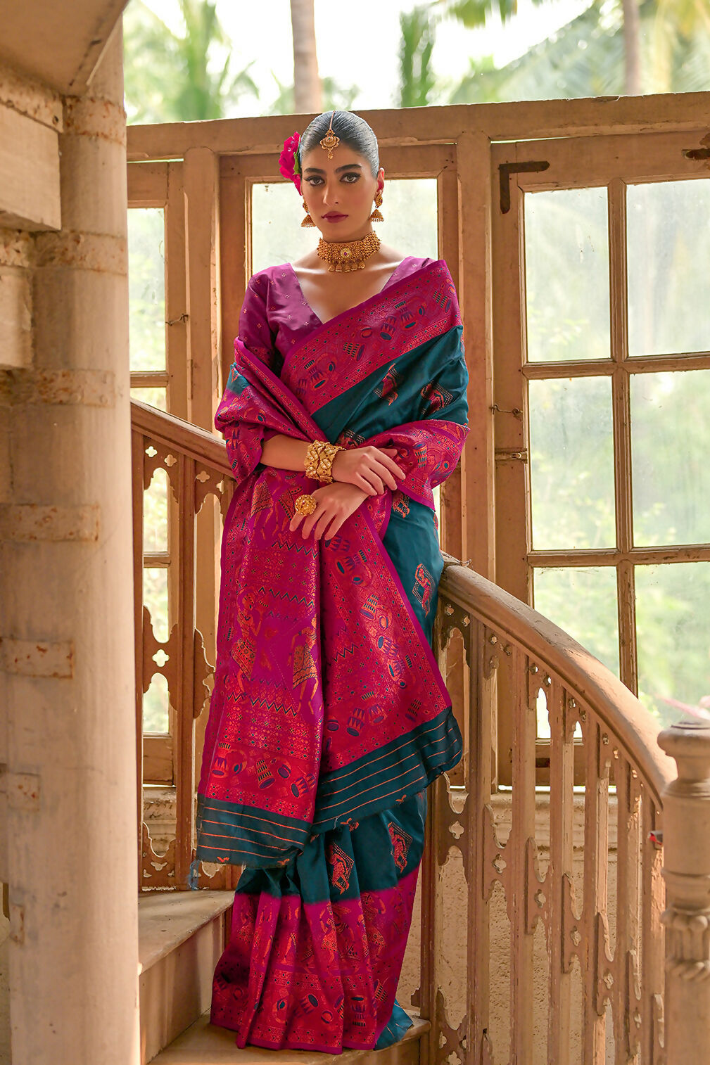Vishnu Weaves Women's Blue Banarasi Silk Kalamkari Zari Woven Saree with Blouse - Swadesiicart