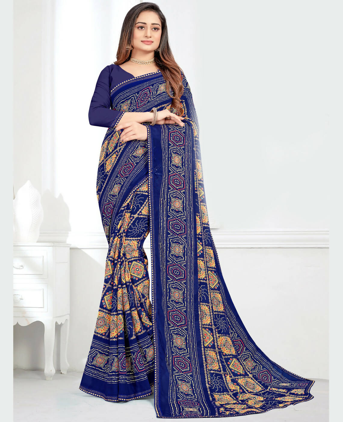 Blue Georgette Bandhani Printed Saree With Unstitched Blouse Piece - Jyoti