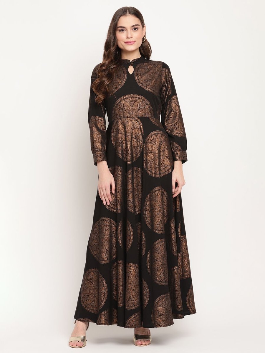 Ahalyaa Women Black Crepe Copper Foil Print Dress | Swadesiicart