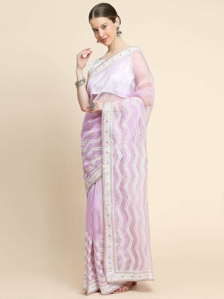 Vamsee Banno Lehriya Lavender Organza Saree - Swadesiicart