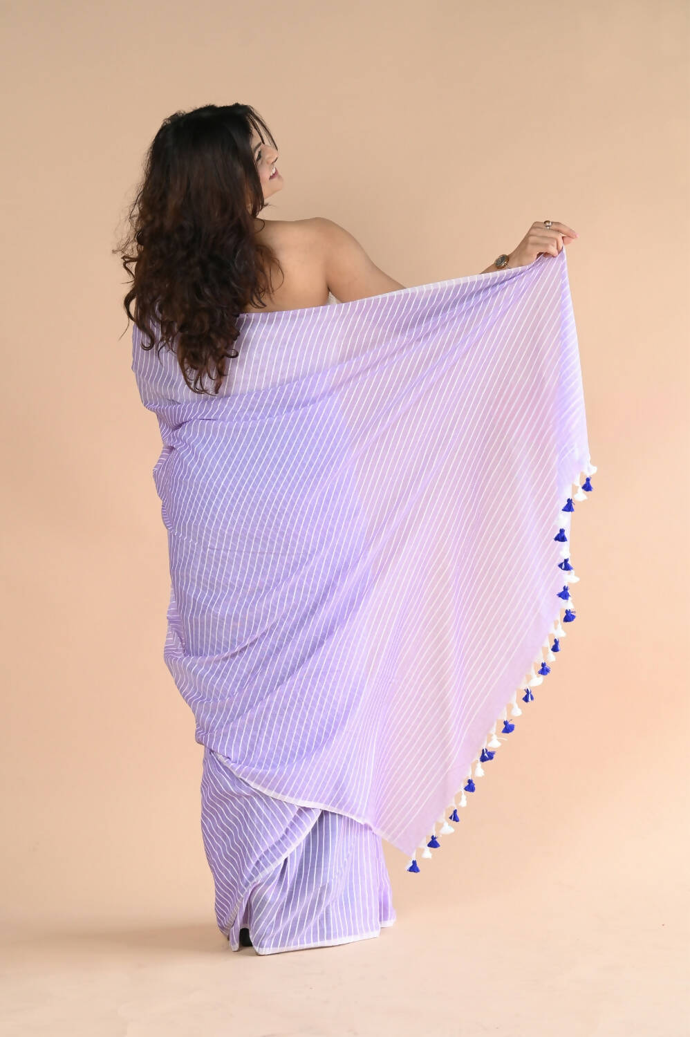Very Much Indian Designer Pure Cotton Saree With All Over Linear Stripes - Lavender | Swadesiicart