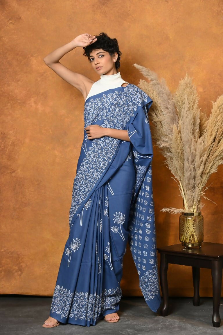 Very Much Indian Handblock Printed Cotton Saree With Natural Dyes - Cyan Blue | Swadesiicart