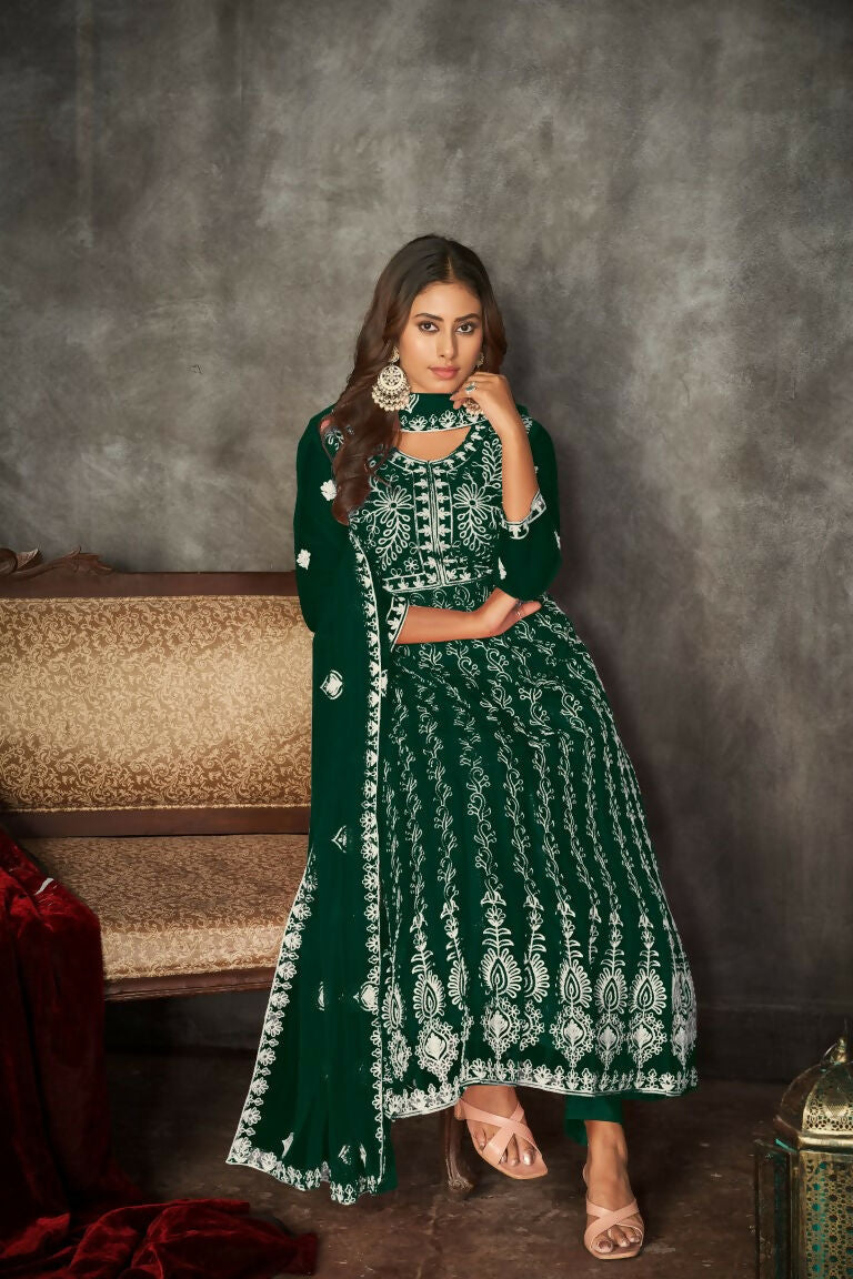 Jyoti Fashion Women's Green Net Embroidered Anarkali Kurta Pant Set With Dupatta | Swadesiicart