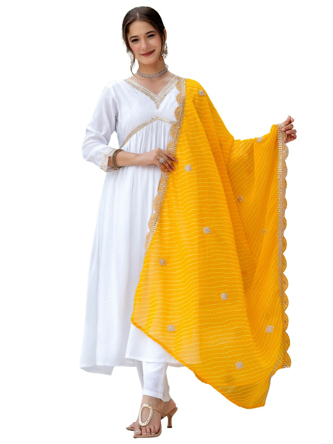 The52 White Women's Gorgeous Embroidered Chanderi Fabric Straight Kurta, Pant and Dupatta Set - Swadesiicart