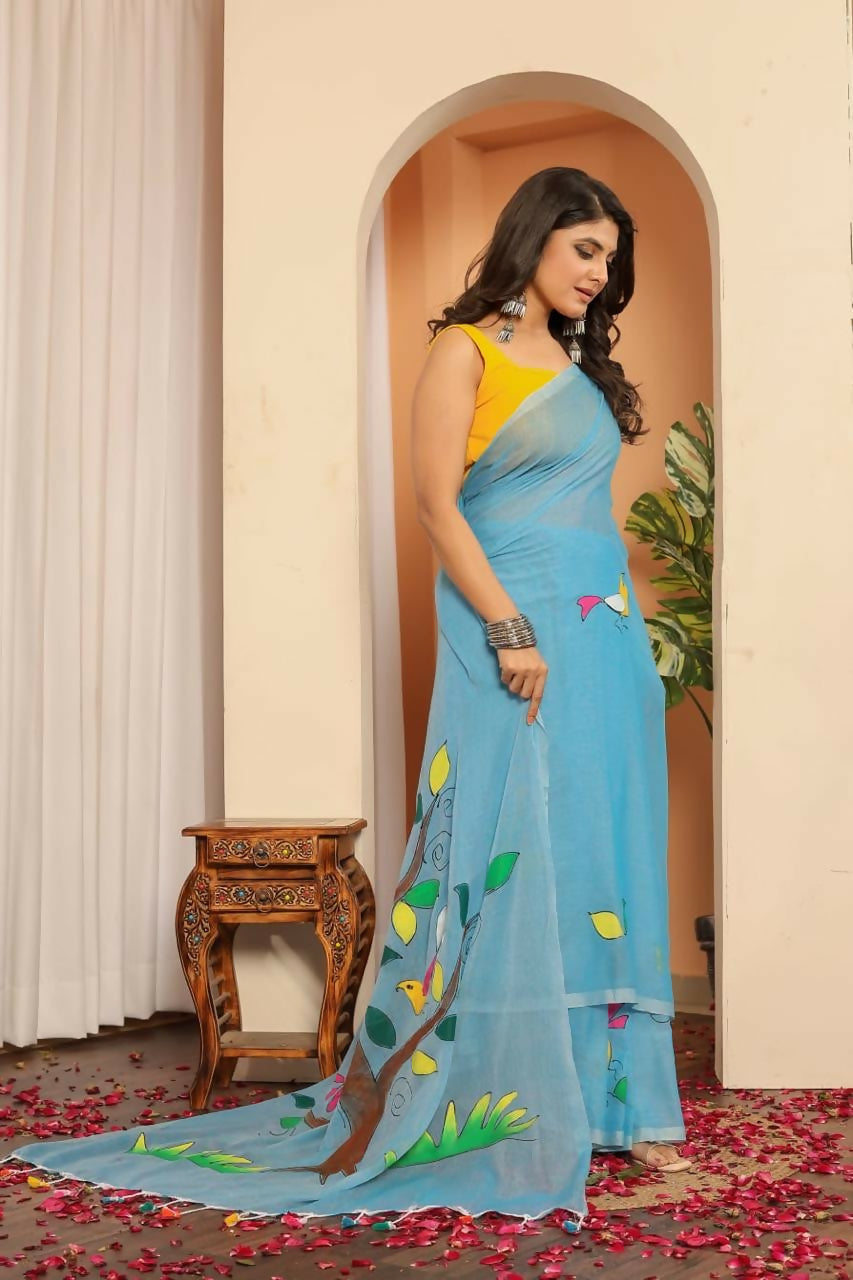 Exclusive Collection Beautiful Light Sky Pure Cotton Hand Print Handloom Saree With Running Blouse Piece - Swadesiicart