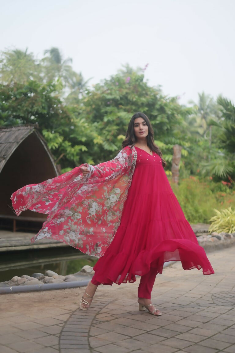 Jyoti Fashion Women's Pink Faux Blooming Butti Work Kurta with Trouser & Dupatta | Swadesiicart