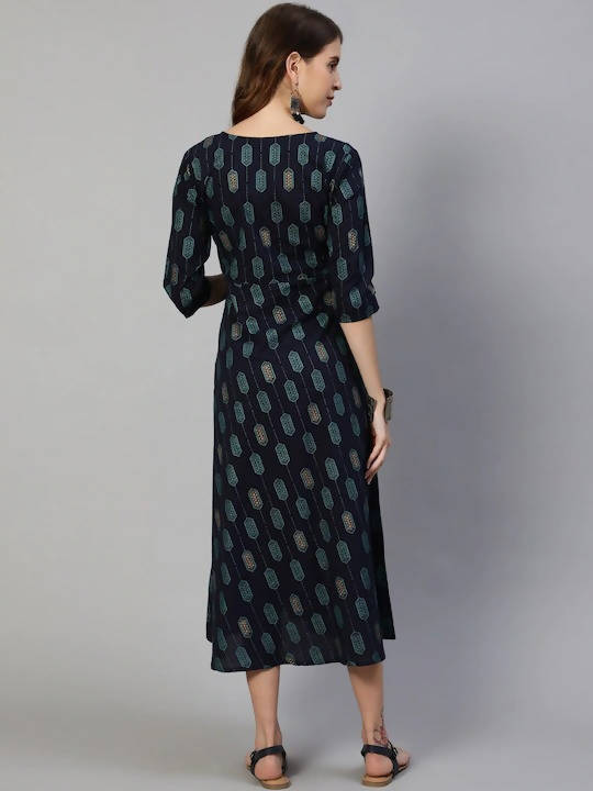 Anubhutee Navy Blue Ethnic Motifs Maternity A-Line Midi Dress | Swadesiicart