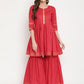 Ahalyaa Women's Red Cotton Gold Print Kurta Sharara Set | Swadesiicart