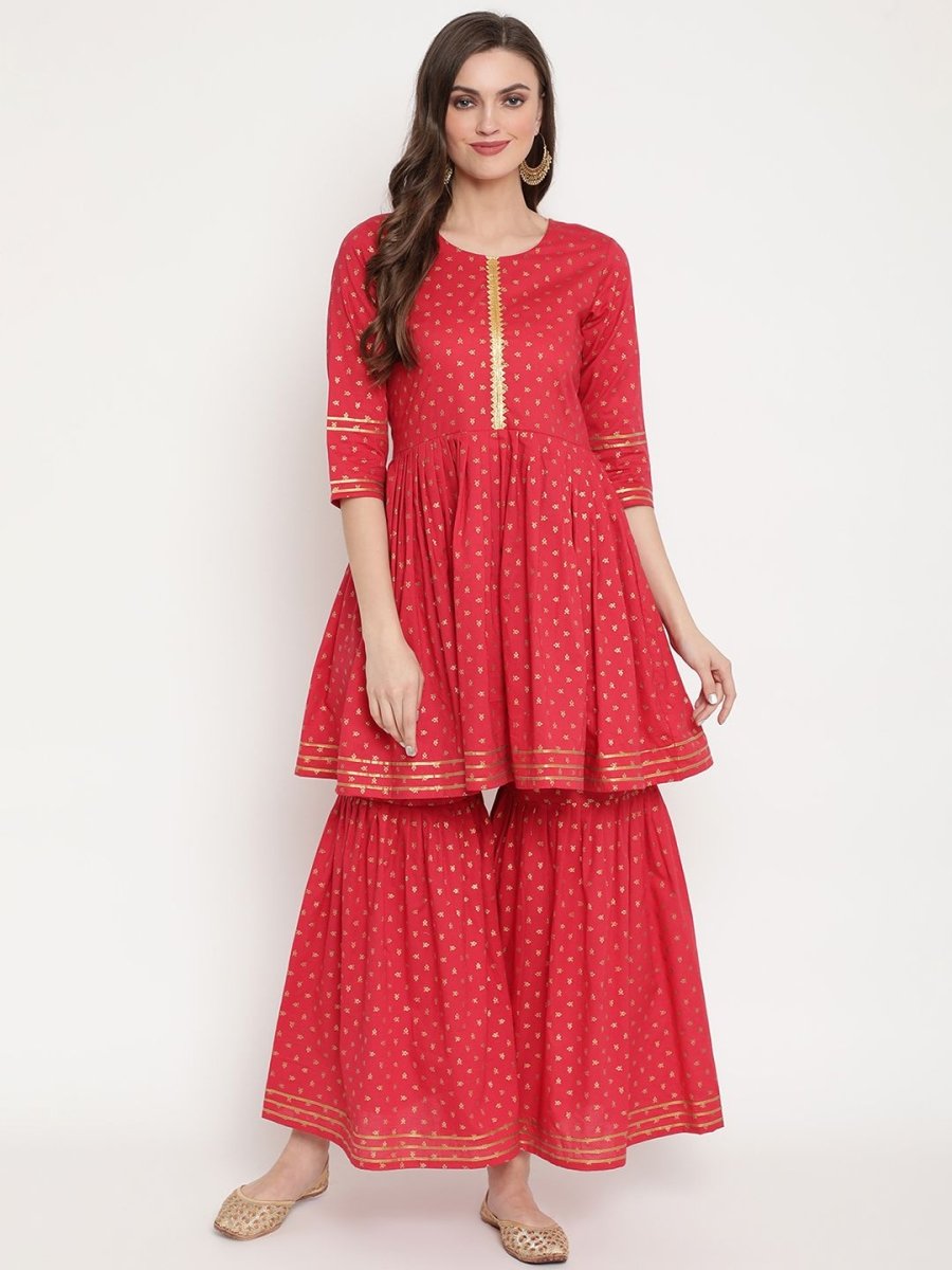 Ahalyaa Women's Red Cotton Gold Print Kurta Sharara Set | Swadesiicart
