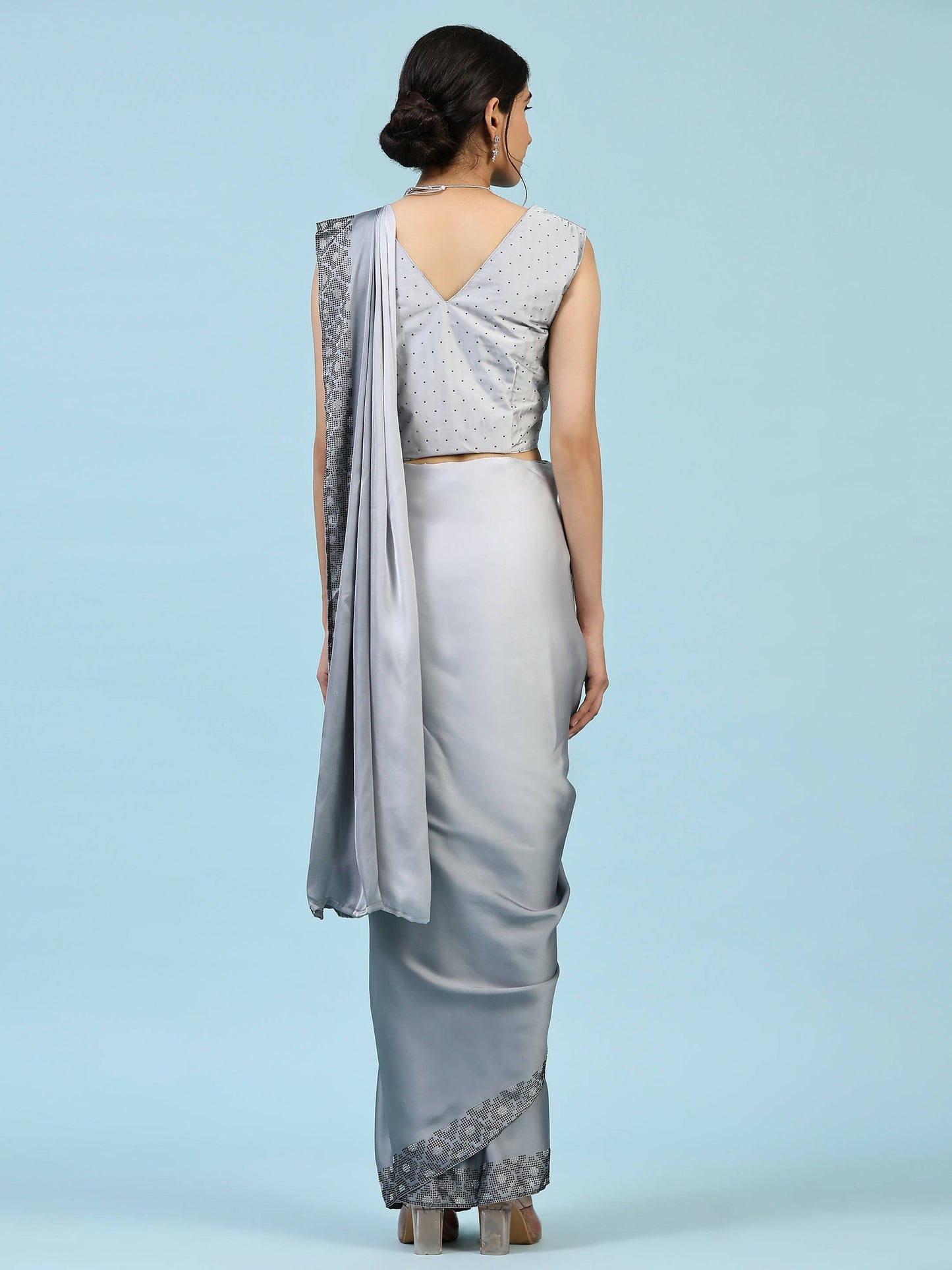 Grey Ombre Satin Georgette Plain Ready to wear Saree with stitched Blouse - Vrinda | Swadesiicart