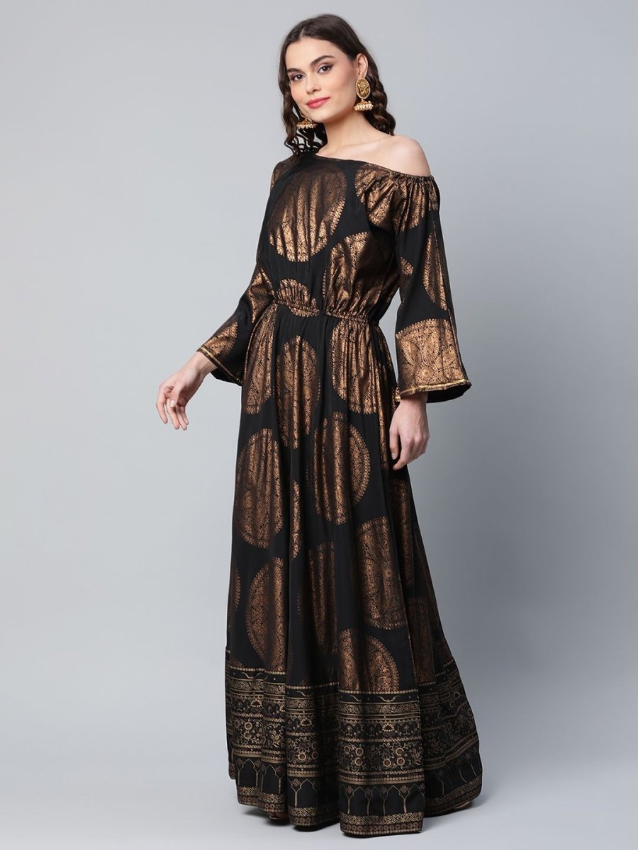 Ahalyaa Womens Black Crepe Copper Foil Printed Maxi Dress | Swadesiicart