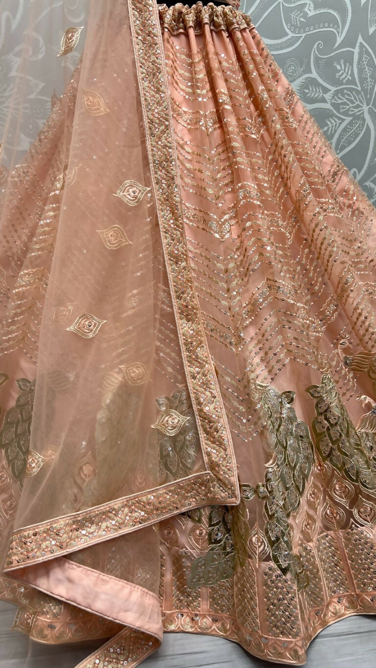 Jyoti Fashion Women's Peach Bridal Net Fancy Foil & Sequins with Multi Thread Embroidered Wedding Lehenga Choli | Swadesiicart