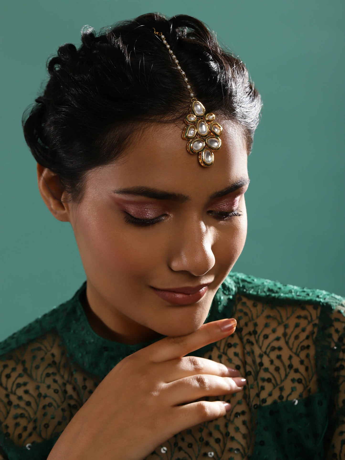 White Gold-Polished Kundan Studded Beaded Maang Tikka - Ruby Raang | Swadesiicart