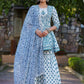 Juniper Women's Blue Cotton Cambric Floral Placement Printed Anarkali Kurta Sharara & Dupatta Set | Swadesiicart