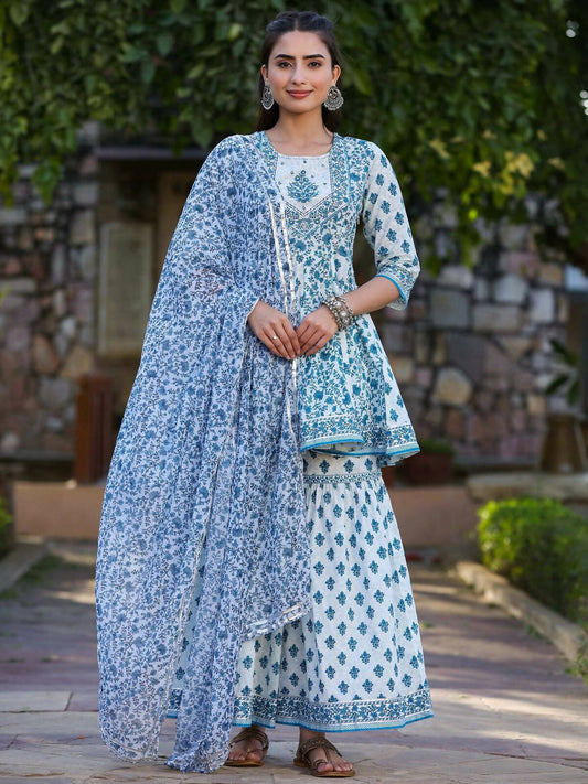 Juniper Women's Blue Cotton Cambric Floral Placement Printed Anarkali Kurta Sharara & Dupatta Set | Swadesiicart